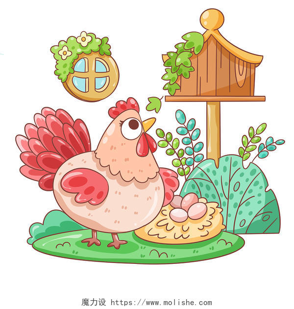 卡通手绘动物公鸡鸡蛋植物树木树林电商素插画